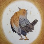 An illustration of a robin under the Christmas star.