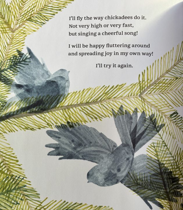 Chickadee fledgling in a try, fluttering wings and then taking off. 