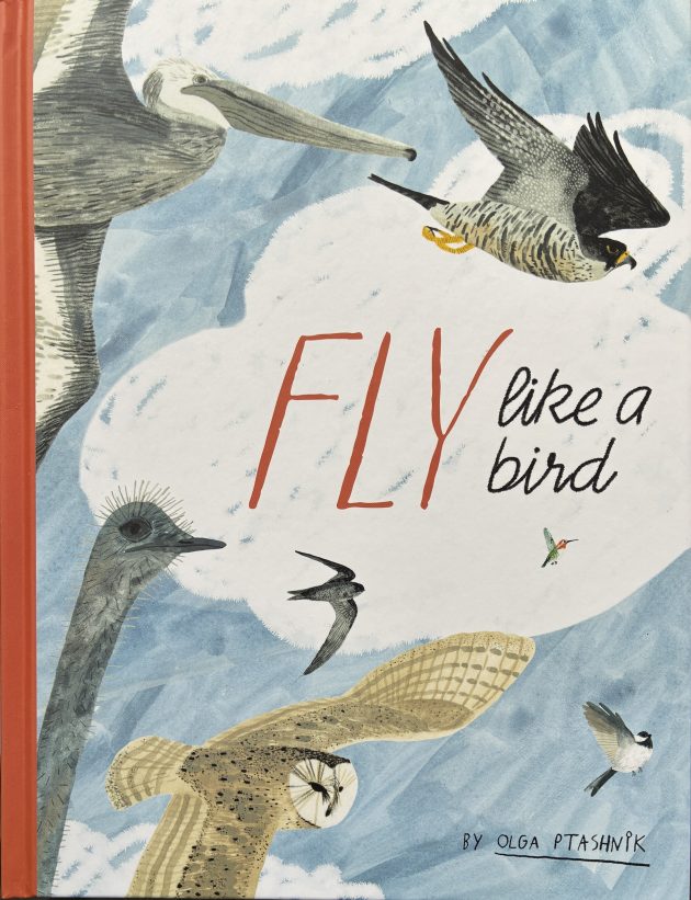The front cover of a children's picture book with a variety of birds set against a blue sky with clouds