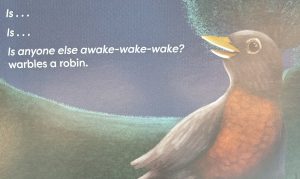 Illustration of a robin in the picture book ANYONE ELSE AWAKE, written by Carmela LaVigna Coyle and illustrated by Bonnie Kelso. 