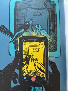 KidLit Bird Book Review by Susan Wroble of Electric Birds, with an illustration by Joëlle Joliet of a cell phone taking a picture of a birds nest