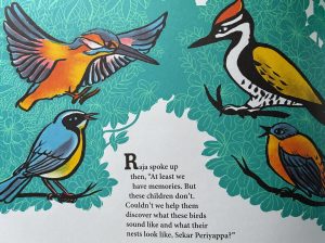 KidLit Bird Book Review by Susan Wroble of Karthika Naïr's ELECTRIC BIRDS with an illustration of four birds in a tree