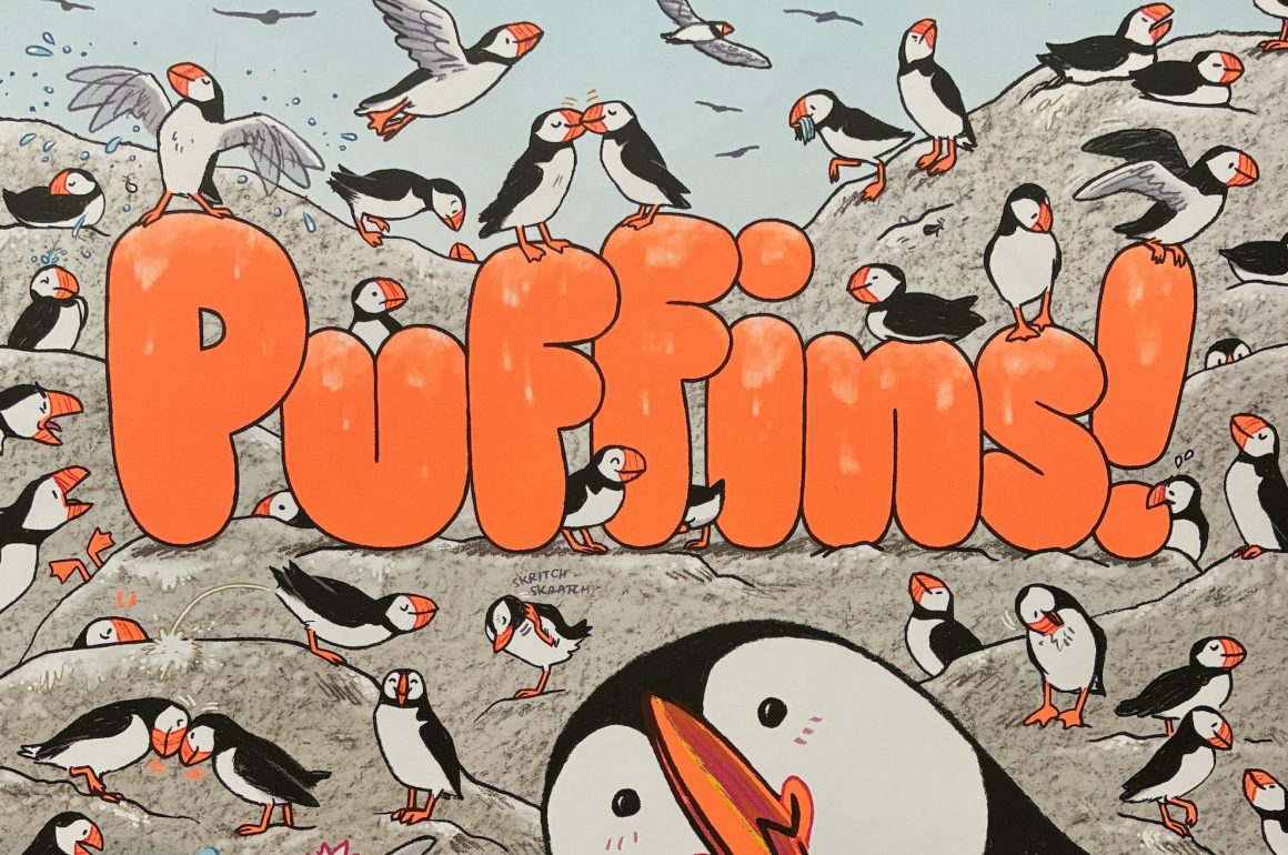 Front cover of the picture book PUFFINS! with dozens of black and white Puffins with orange beaks and feet. At top, the words "written by Maria Gianferrari, illustrated by Maris Wicks." Center, the title, in the same bright color as the puffins beak: PUFFINS! One puffin looms from the bottom right and stares directly at the reader.
