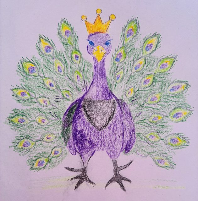 A hand-drawn peacock with a crown and a bib.