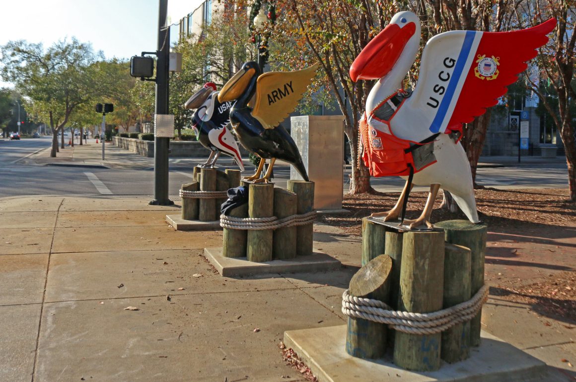 colorful pelican statues lined up on a sidewalk