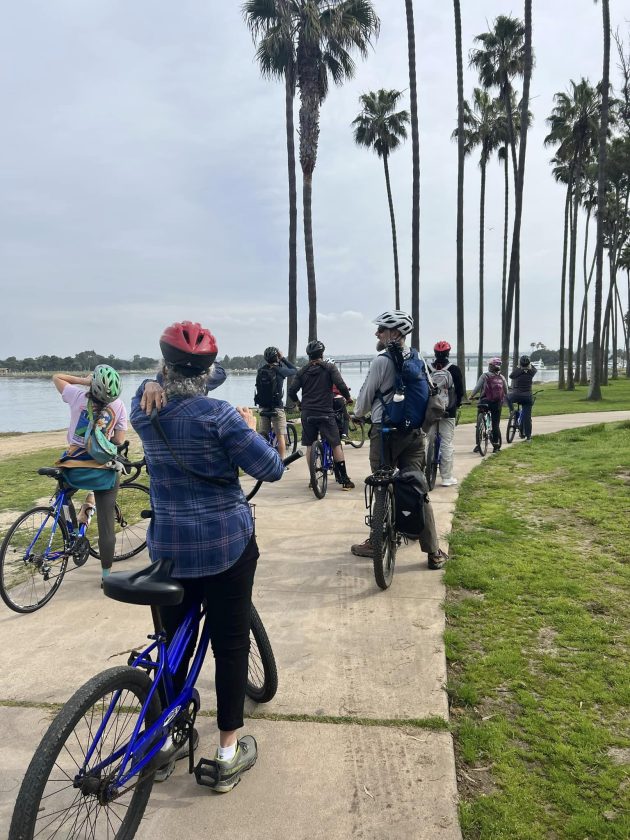 9 birders on bikes stopped to look at a water way with palm trees in front of them
