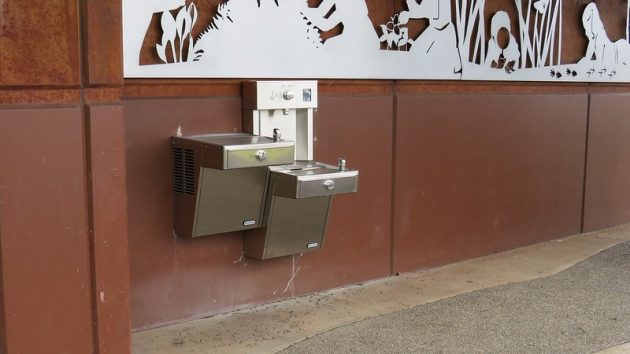 Two drinking fountains at multiple heights with kree spaces and a bottle filler above one of the fountains.