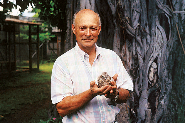 Tom Cade with Mauritius Kestrel by Carl Jones